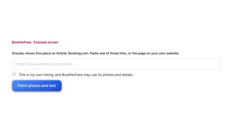 O formulário do BookNoFees para adicionar fotografias e uma descrição a partir de um link de um anúncio já existente