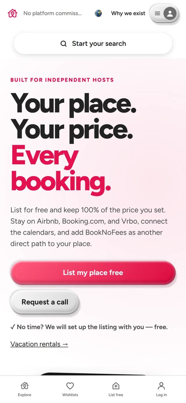 A página do anfitrião na aplicação BookNoFees: anuncie o seu alojamento gratuitamente