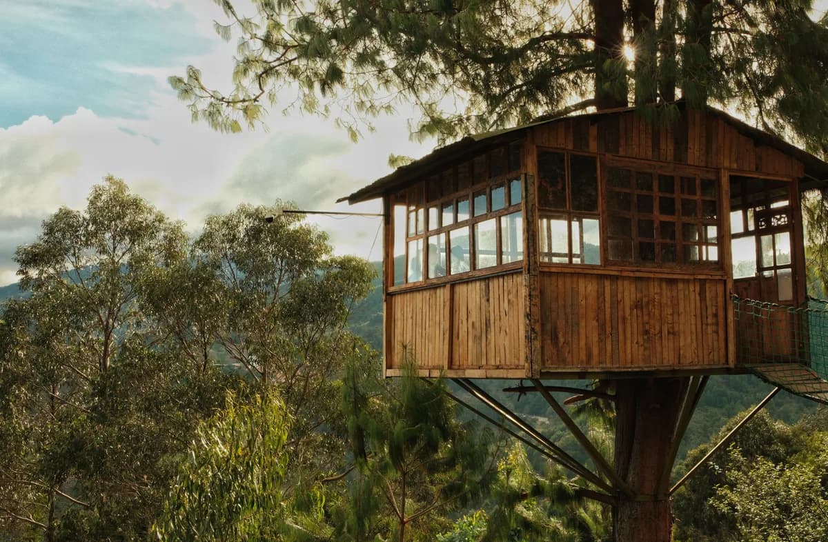 BookNoFees Imagem de exemplo: casa na árvore de madeira com janelas na copa de uma árvore