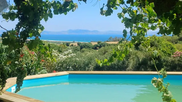 BookNoFees: casa de férias em Tarifa – Piscina com deck de madeira e vista para o mar através das videiras