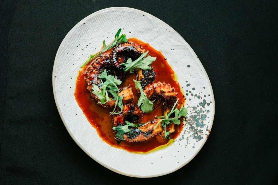 Example photo: Octopus in tomato sauce with greens
