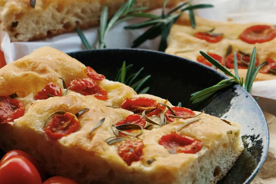 Example photo: Focaccia topped with tomatoes and rosemary